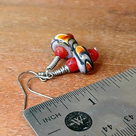 Glass Beaded Boho Dangle Earrings, Red Silver, Artisan - Picture 4 of 4